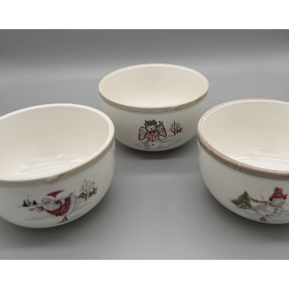 Set of 3 American Atelier Christmas Twig 5.5" Ceramic Cereal Soup Bowls Winter